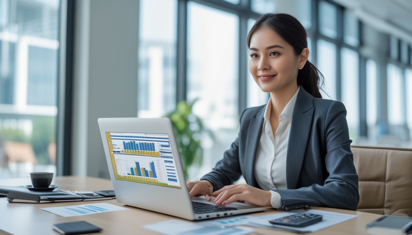 Seorang wanita bisnis Indonesia duduk di meja kantor modern, bekerja dengan laptop dan dokumen keuangan, terlihat percaya diri dan profesional.