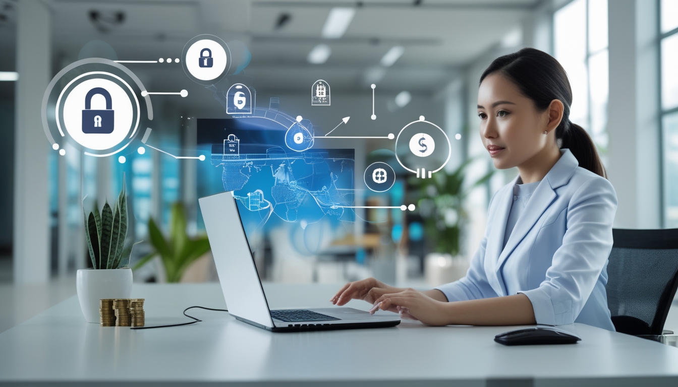 Seorang profesional Indonesia sedang bekerja di kantor modern dengan laptop, menggambarkan kepercayaan dan pembayaran cepat dalam agen togel.
