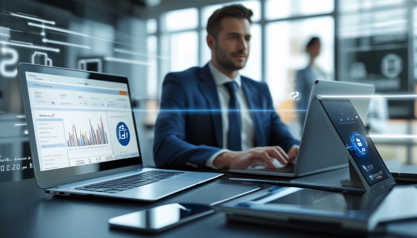 Seorang profesional di kantor modern sedang bekerja dengan perangkat digital yang menampilkan grafik keuangan dan sistem pembayaran cepat.