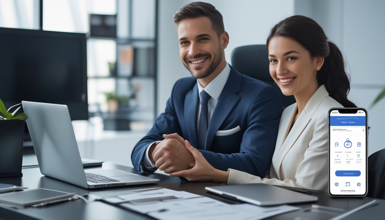 Seorang pria dan wanita duduk di meja kantor modern, tersenyum dan berjabat tangan, dengan laptop dan ponsel di meja yang menunjukkan aplikasi keuangan.