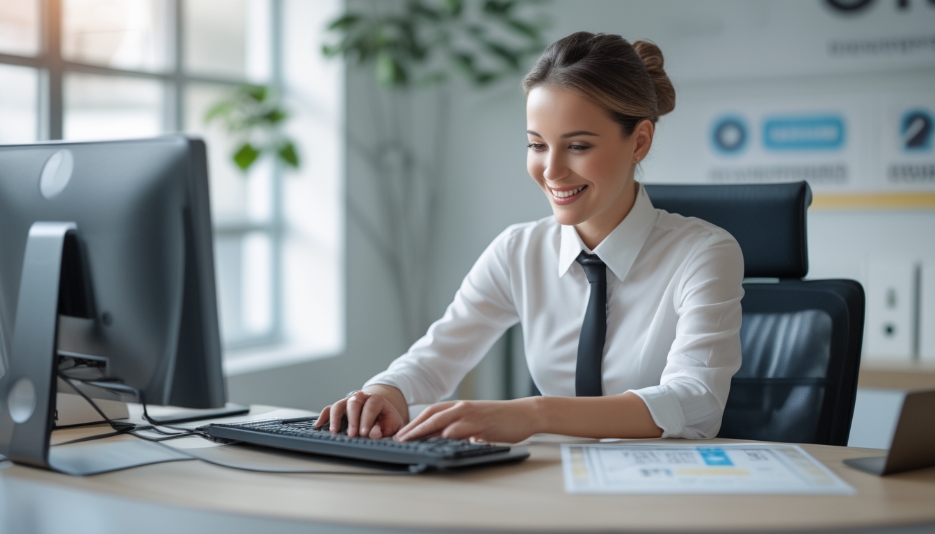 Seorang agen layanan pelanggan tersenyum membantu klien di kantor modern dengan komputer dan ponsel, menunjukkan suasana kerja yang profesional dan terpercaya.