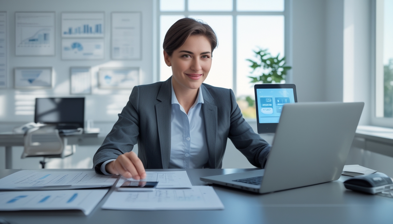 Seorang profesional duduk di meja kantor modern dengan laptop dan dokumen, terlihat fokus dan percaya diri dalam suasana kerja yang terang dan rapi.