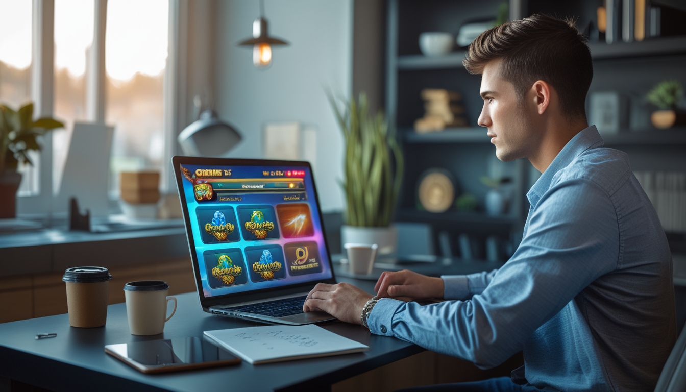 Seorang pria muda duduk di meja dengan laptop yang menampilkan permainan slot online, terlihat fokus dan serius di sebuah ruangan yang nyaman.