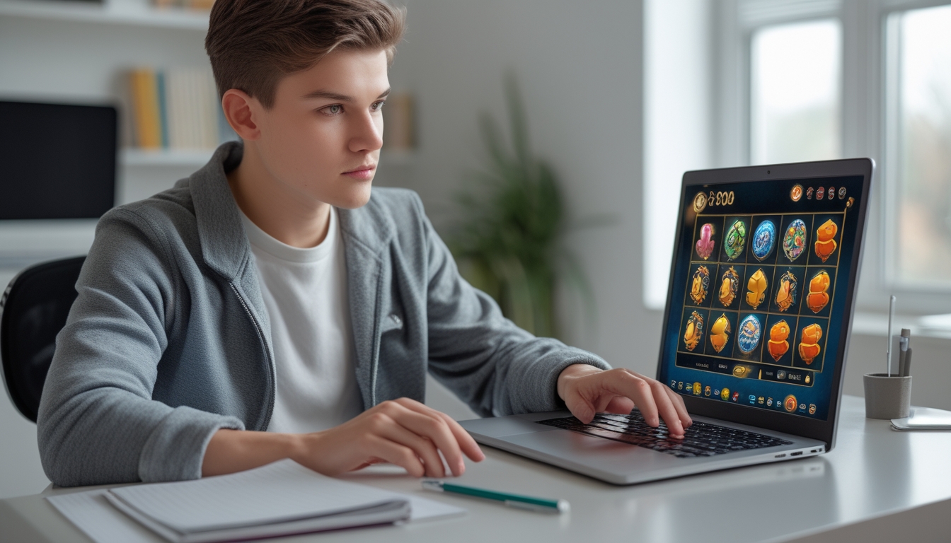 Seorang dewasa muda fokus bermain game slot online di laptop di ruang kerja yang rapi dan terang.