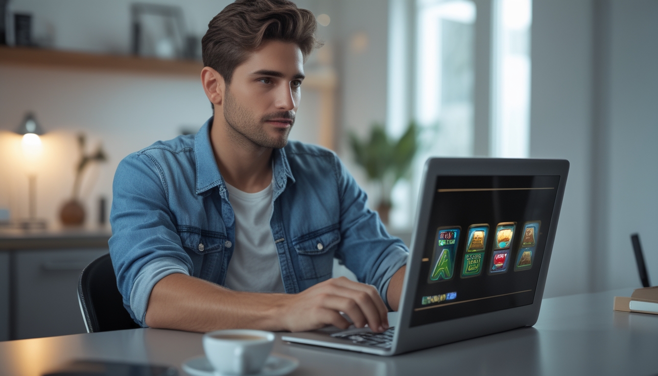 Seorang pria muda duduk di meja dengan laptop, fokus bermain permainan slot online di ruangan yang nyaman.