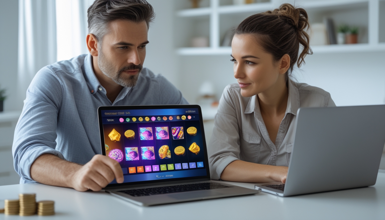 Dua orang dewasa duduk bersama di meja dengan laptop yang menampilkan permainan slot online, tampak fokus dan serius mempelajari permainan.