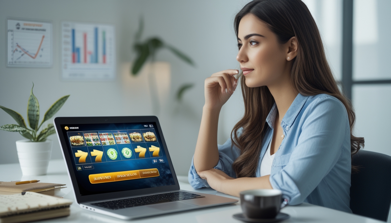 Seorang wanita muda duduk di meja dengan laptop, fokus bermain permainan slot online dan mencatat strategi.