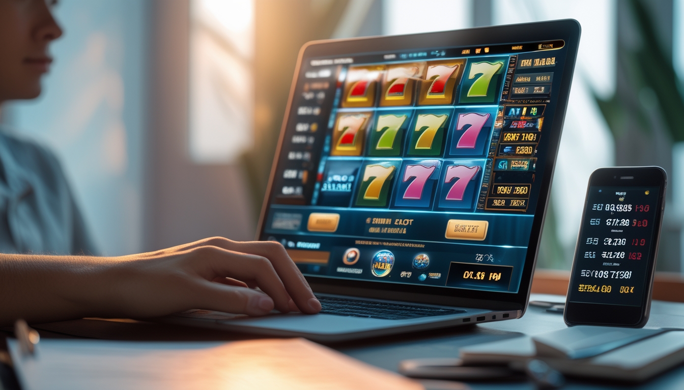 Seorang dewasa muda duduk di meja dengan laptop yang menampilkan permainan slot online, dikelilingi catatan dan ponsel, menunjukkan suasana fokus dan perencanaan strategi.