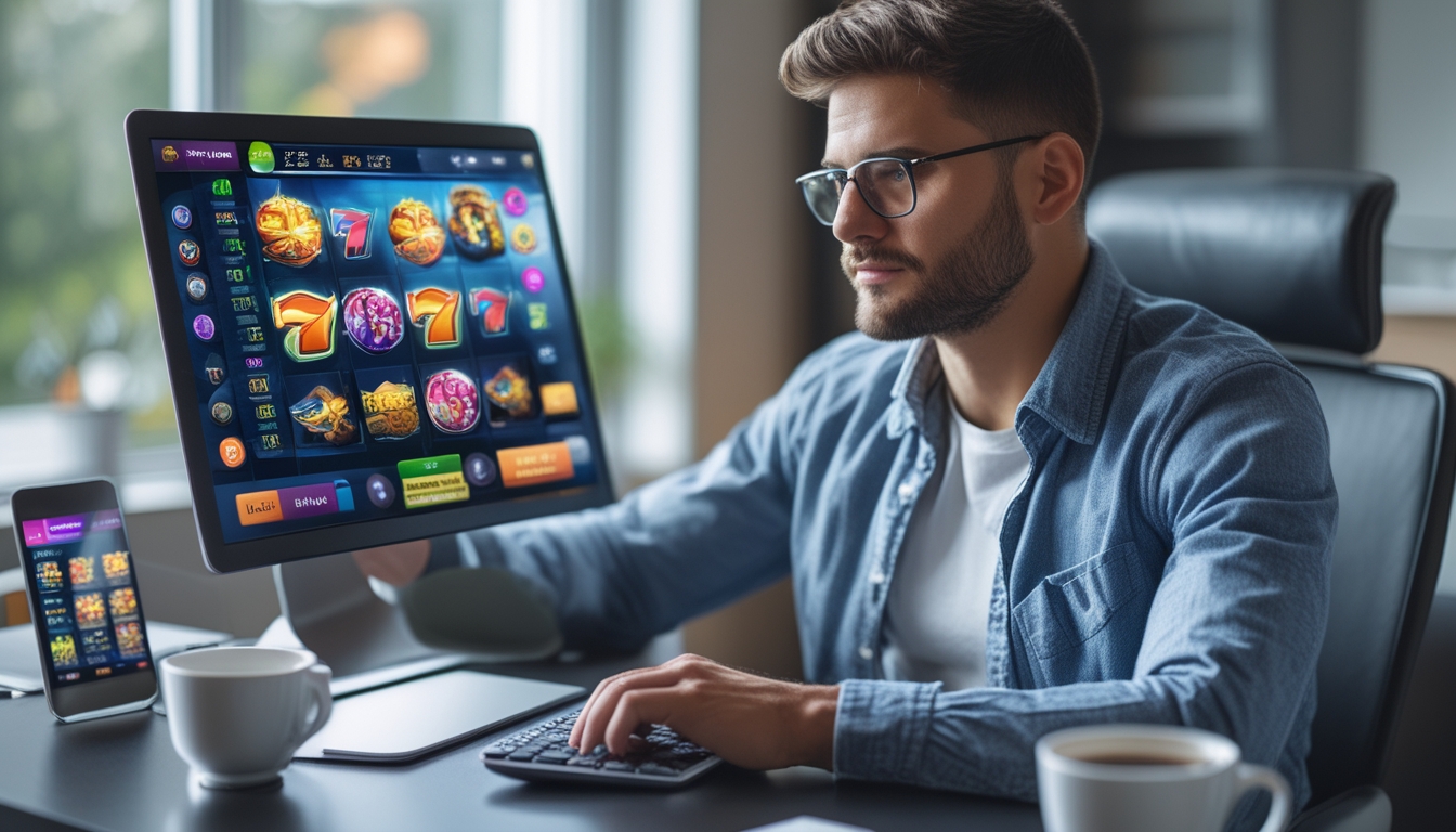 Seorang pria duduk di meja dengan laptop yang menampilkan permainan slot online, terlihat fokus dan serius di ruang kerja yang rapi.