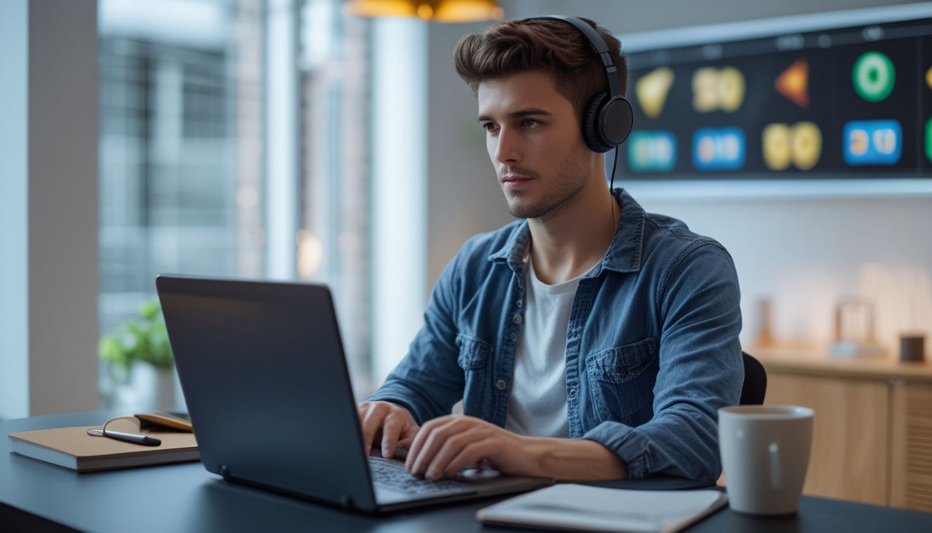 Seorang pria muda duduk di meja dengan laptop sedang bermain permainan slot online, terlihat fokus dan serius.