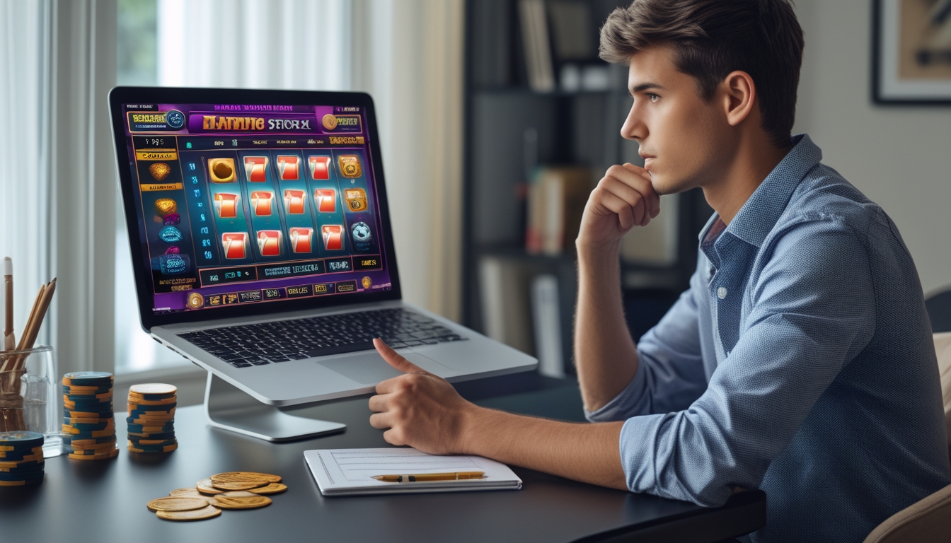 Seorang dewasa muda duduk di meja dengan laptop yang menampilkan permainan slot online, tampak fokus dan sedang merencanakan strategi bermain.