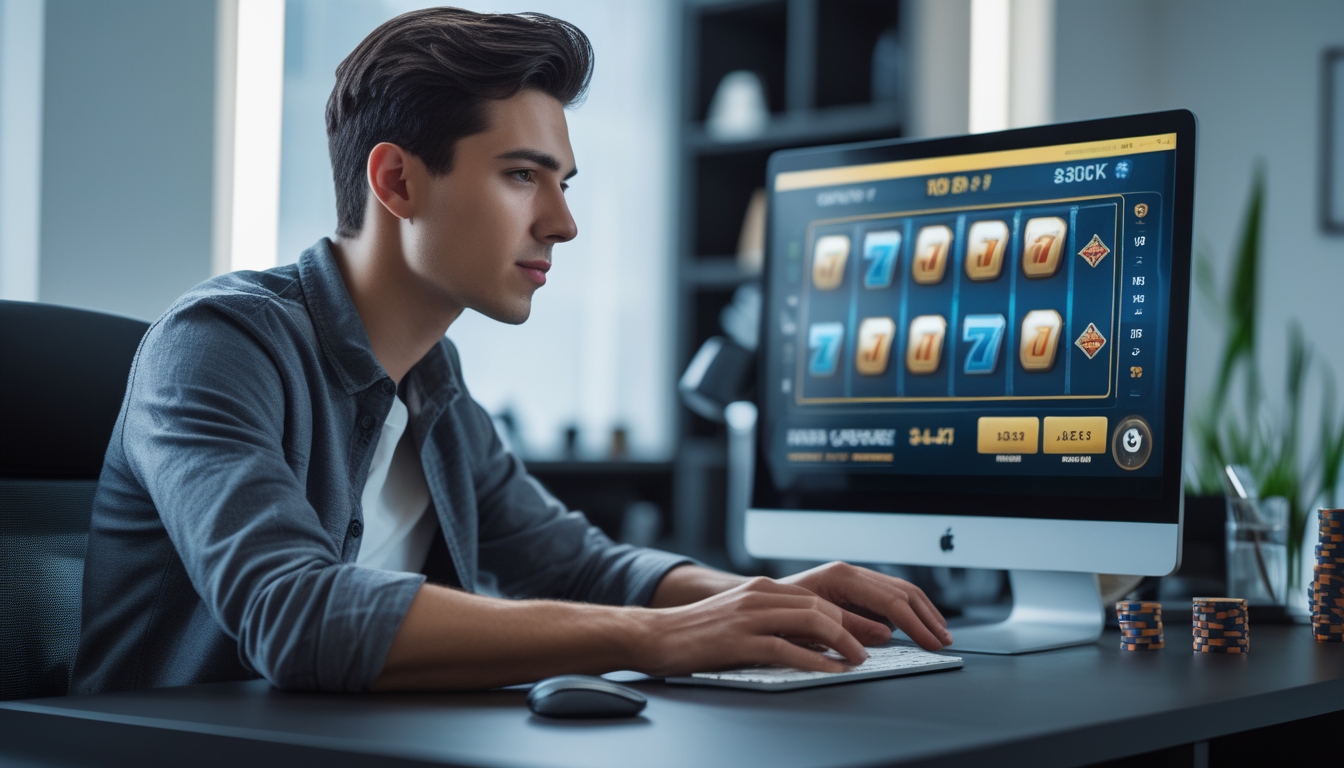 Seorang pria muda fokus bermain permainan slot online di komputer di ruang kerja modern.