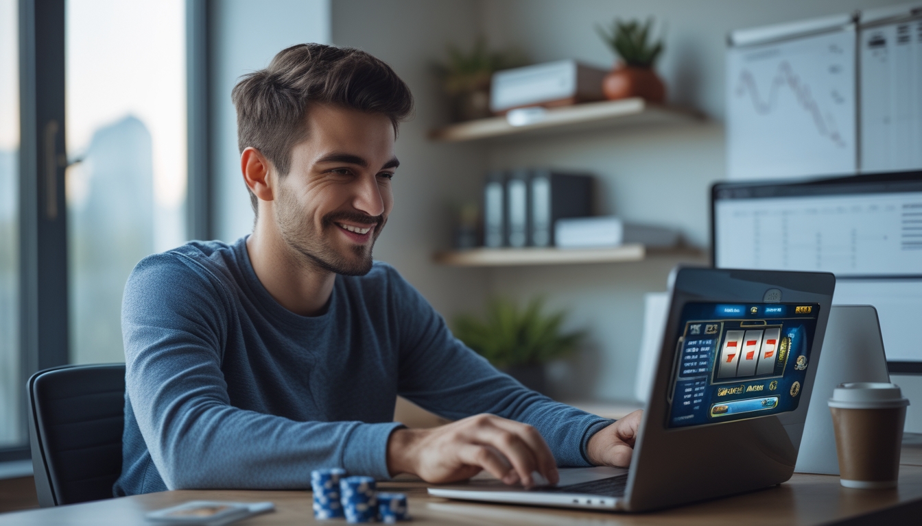 Seorang pria muda duduk di meja dengan laptop, bermain permainan slot online dengan ekspresi fokus dan percaya diri di ruang kerja yang nyaman.