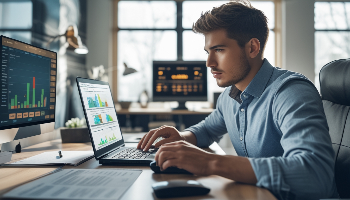 Seorang pria muda duduk di meja kerja dengan laptop dan dokumen, fokus menganalisis data keuangan di ruangan terang.