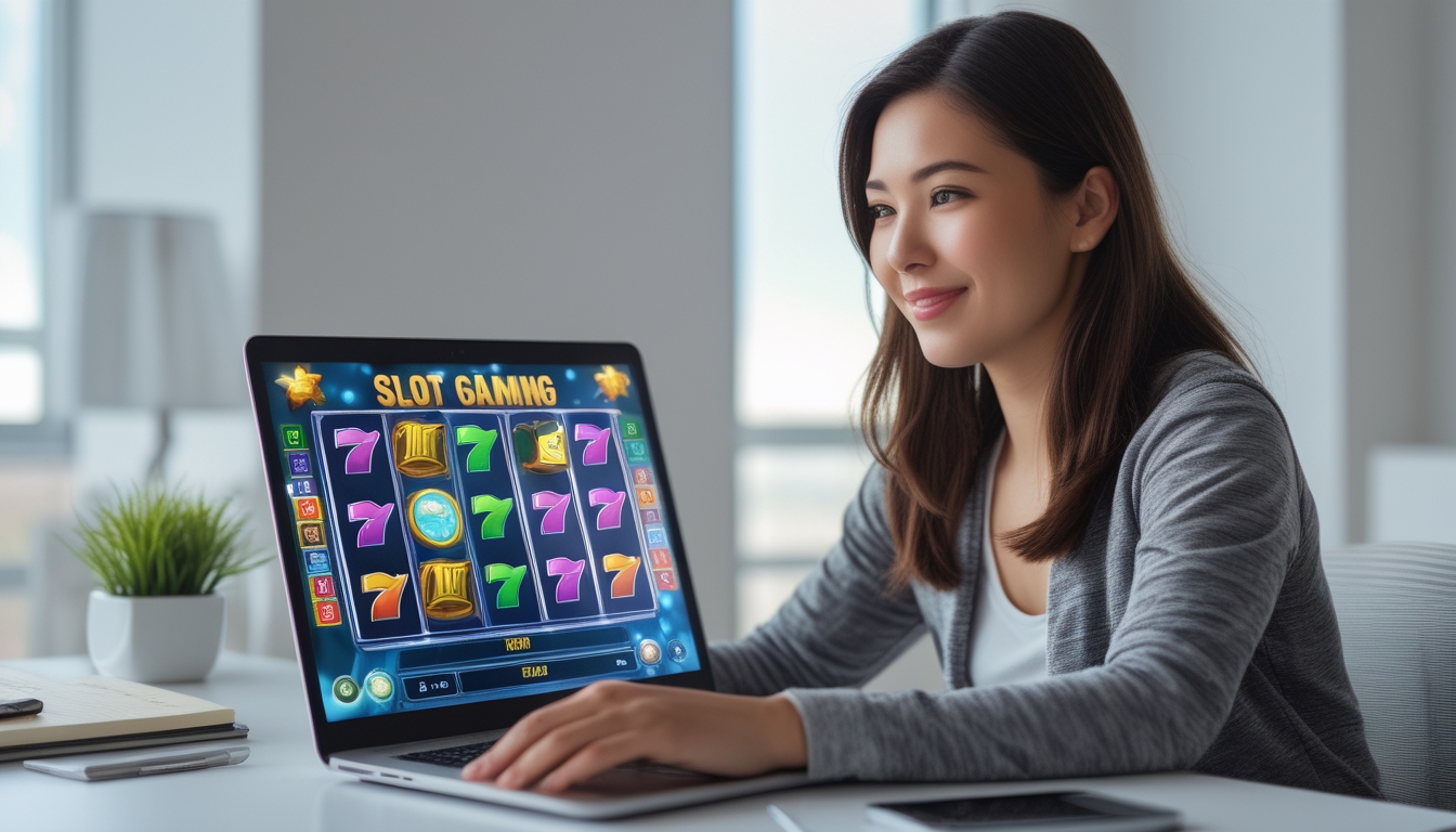 Seorang wanita muda duduk di meja dengan laptop, fokus bermain permainan slot online dengan ekspresi serius dan santai.