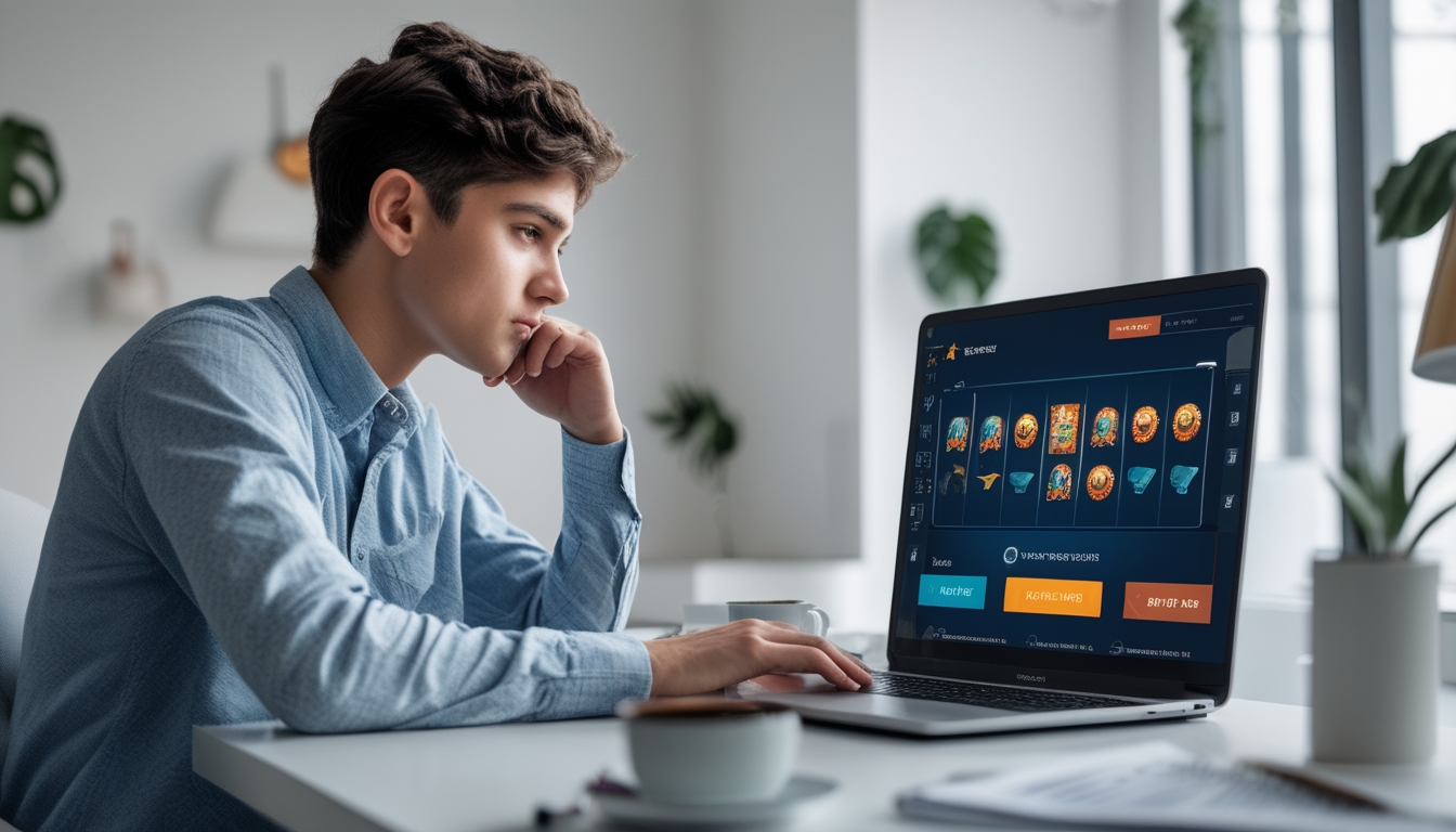 Seorang dewasa muda sedang duduk di meja kerja dengan laptop yang menampilkan permainan slot online, terlihat fokus dan berpikir sambil bermain.