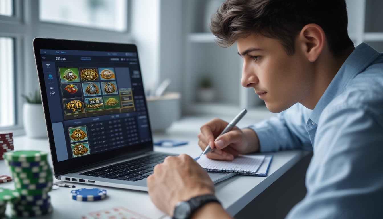 Seorang dewasa muda duduk di meja dengan laptop yang menampilkan permainan slot online, sambil mencatat di buku catatan di ruang kerja yang terang dan rapi.