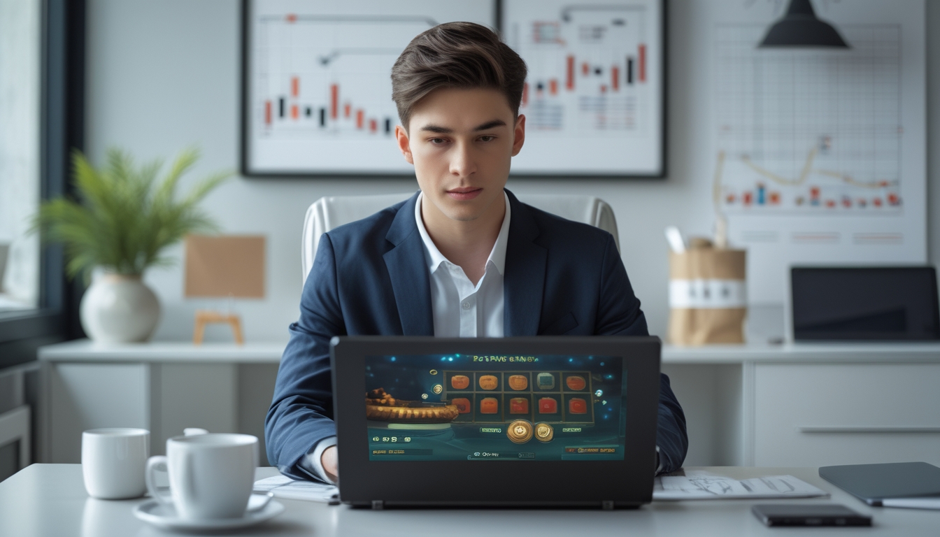 Seorang pria muda duduk di meja dengan laptop, tampak fokus bermain slot online dengan latar belakang grafik dan suasana yang menunjukkan strategi dan kesuksesan.