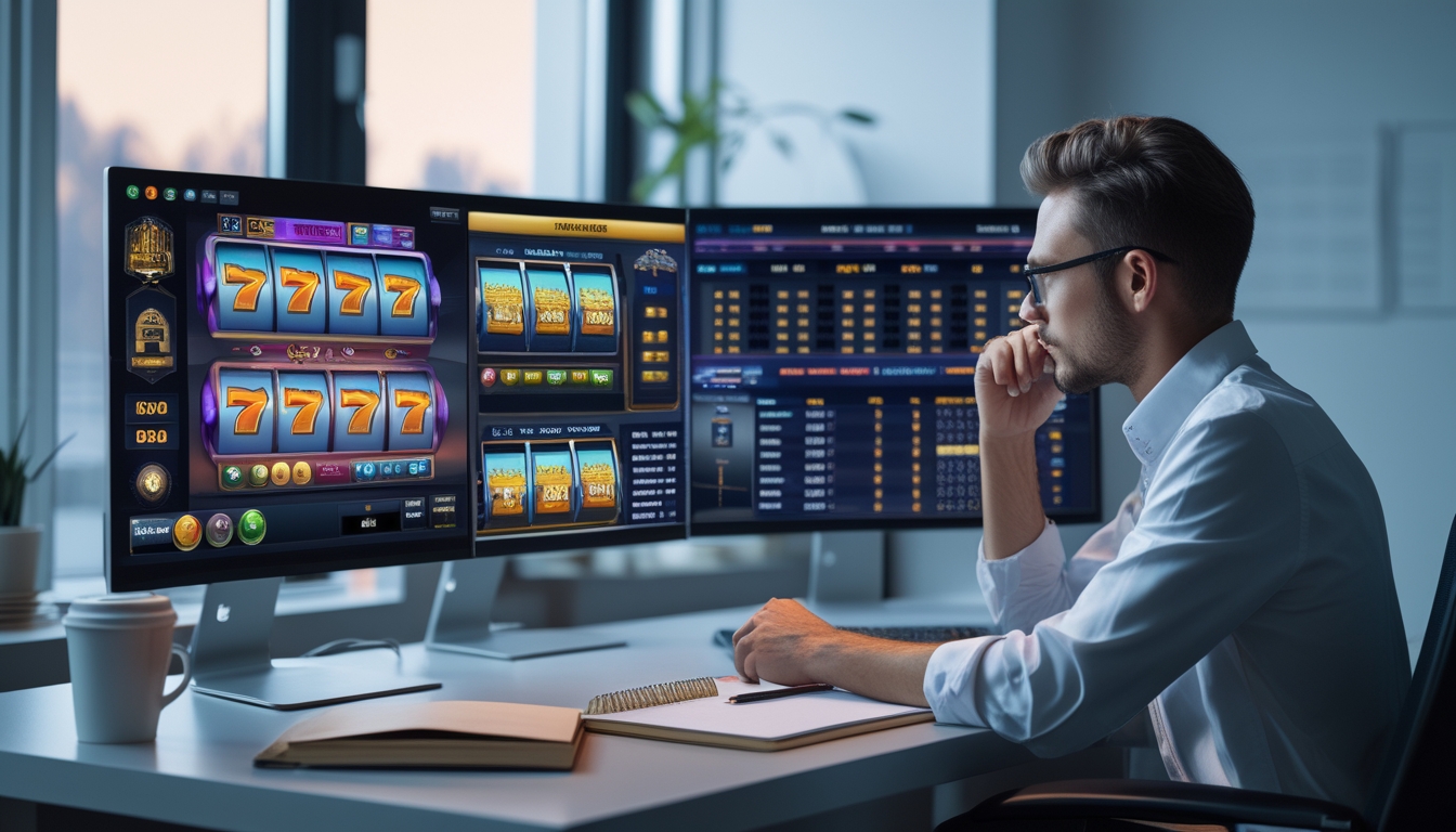 Seseorang sedang duduk di meja dengan beberapa layar menampilkan permainan slot online dan grafik strategi, terlihat fokus menganalisis data untuk bermain dengan cerdas.