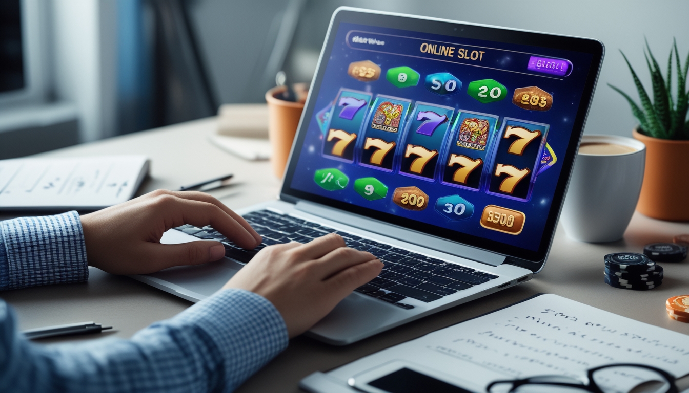 Seorang pemain sedang menggunakan laptop dan ponsel untuk bermain game slot online di meja kerja yang rapi dengan beberapa chip kasino dan secangkir kopi.