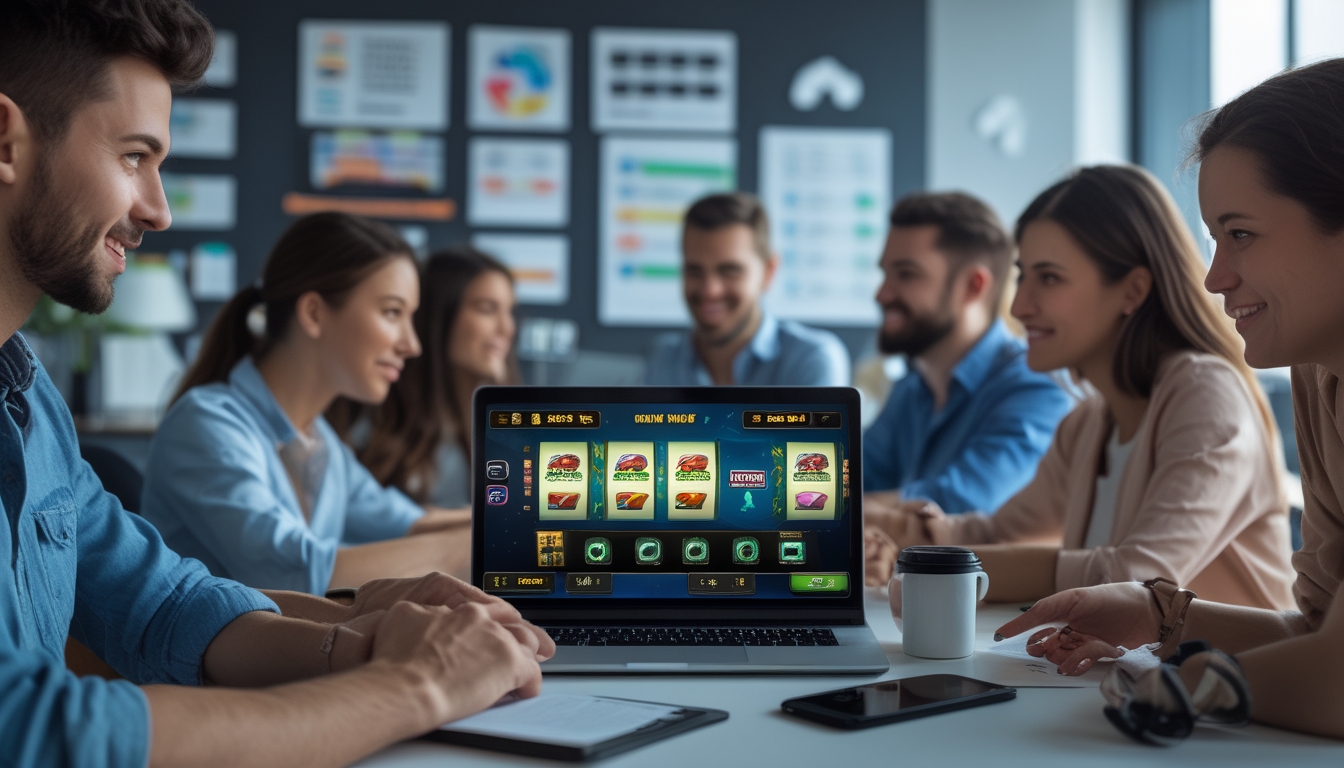Sebuah ruang kerja modern dengan laptop yang menampilkan permainan slot online dan beberapa orang berdiskusi serta bermain bersama.