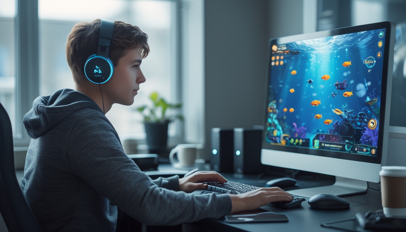 Seseorang sedang bermain game tembak ikan online di komputer dengan latar belakang ruangan kerja yang nyaman.
