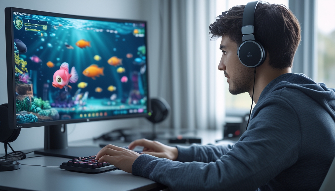 Seorang pria muda fokus bermain permainan judi tembak ikan online di depan komputer dengan latar belakang grafis ikan berwarna-warni.