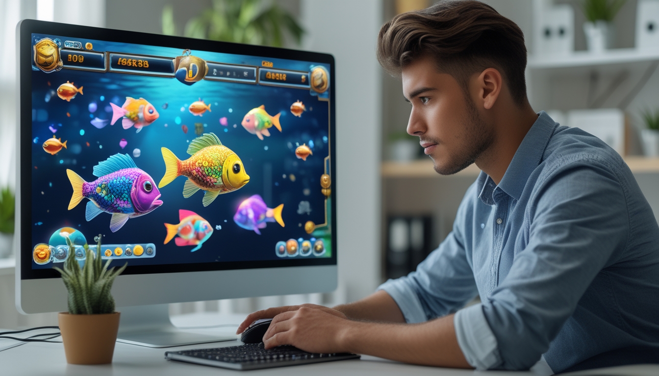 Seorang pria muda duduk di depan komputer yang menampilkan permainan tembak ikan online dengan berbagai ikan berwarna-warni, terlihat fokus dan serius.
