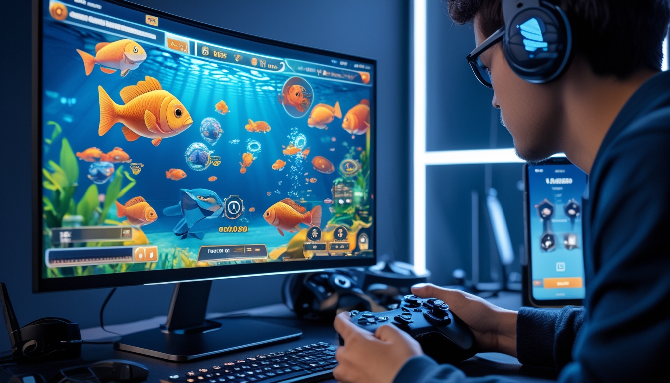Seorang pemain sedang memainkan game tembak ikan online di layar komputer dengan latar bawah laut berwarna-warni dan berbagai ikan terlihat di layar.
