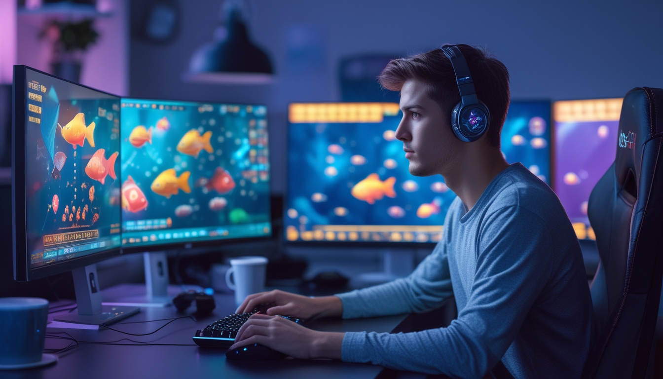 Seorang pria muda fokus bermain permainan tembak ikan online di depan beberapa monitor komputer dengan grafis ikan berwarna-warni.