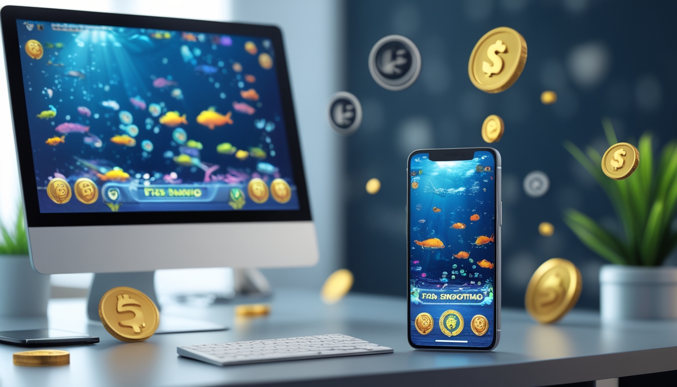 Seorang pengguna sedang bermain game tembak ikan online di komputer dan ponsel dengan latar belakang suasana modern dan elemen simbol bonus dan keamanan.