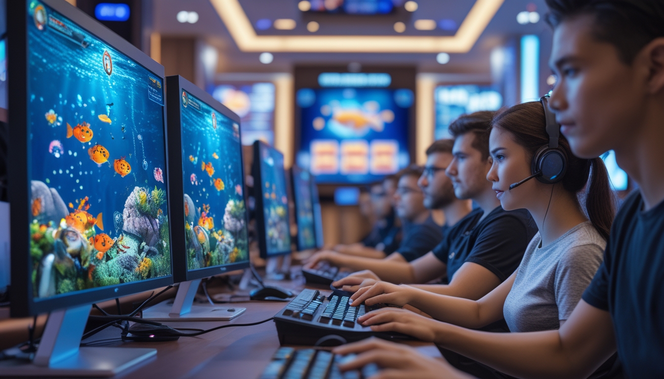 Sejumlah orang fokus bermain game tembak ikan online di depan komputer dengan layar menampilkan grafis ikan berwarna-warni.