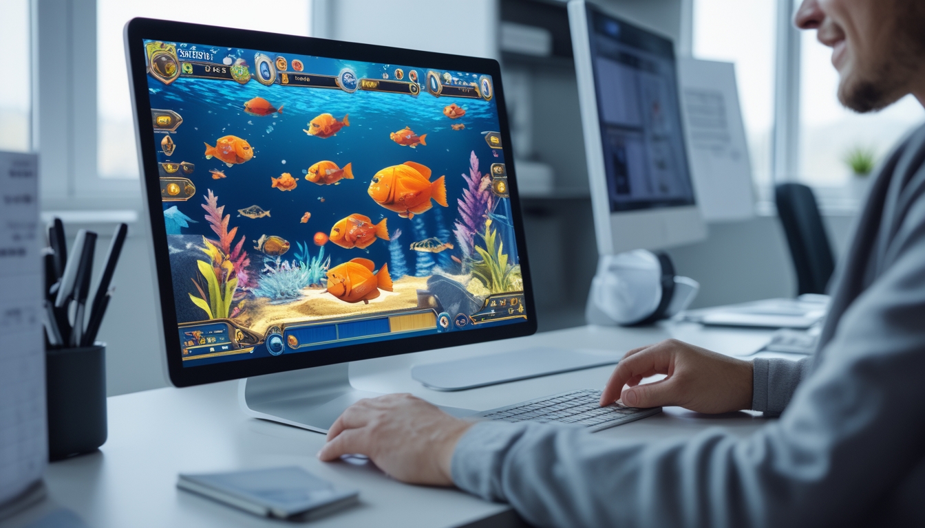 Seorang pemain fokus menggunakan komputer untuk bermain permainan tembak ikan online dengan latar belakang meja kerja yang rapi.