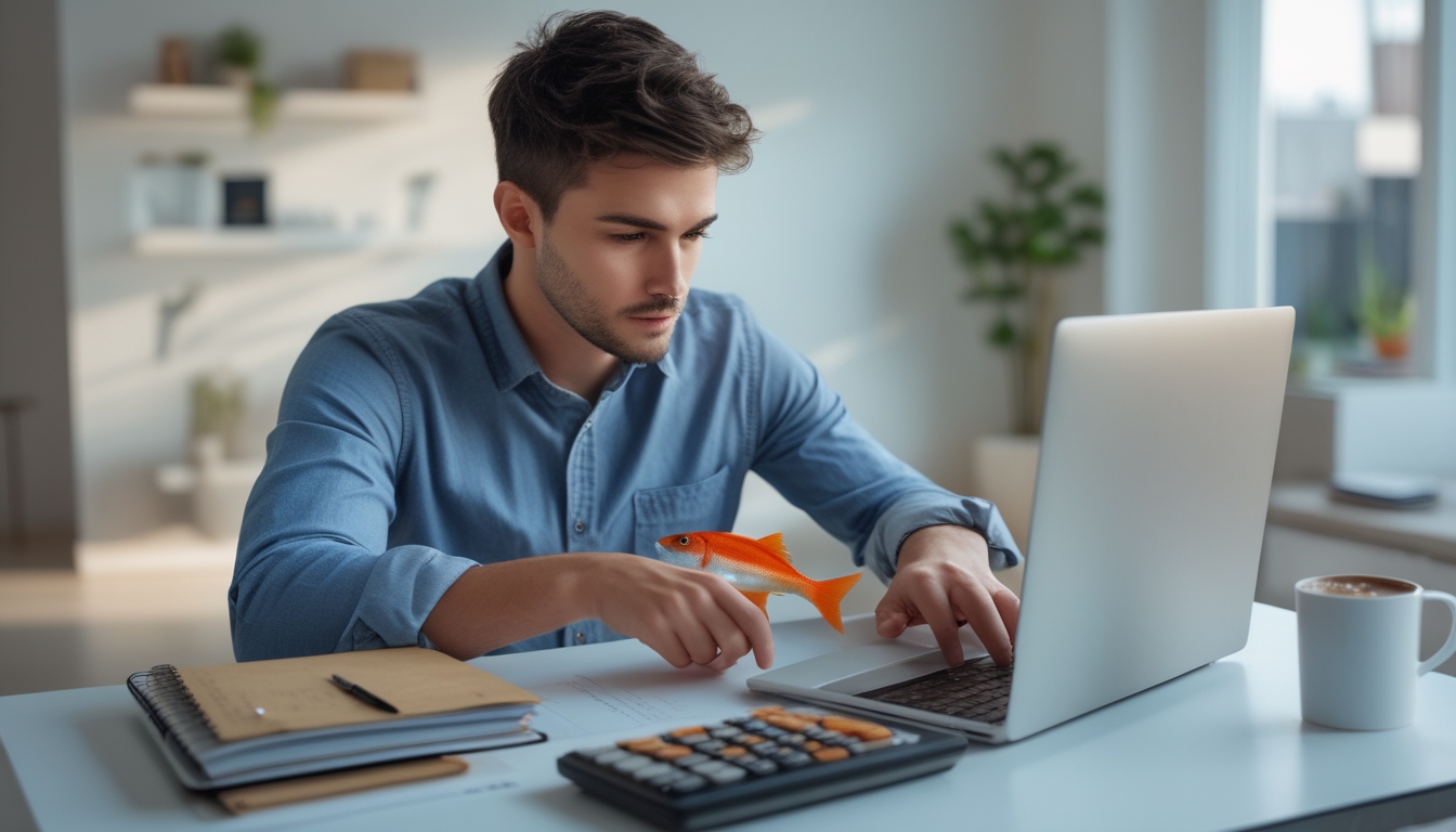 Seorang pria muda duduk di meja dengan laptop, fokus bermain permainan tembak ikan online sambil mengatur catatan dan kalkulator di sekitarnya.