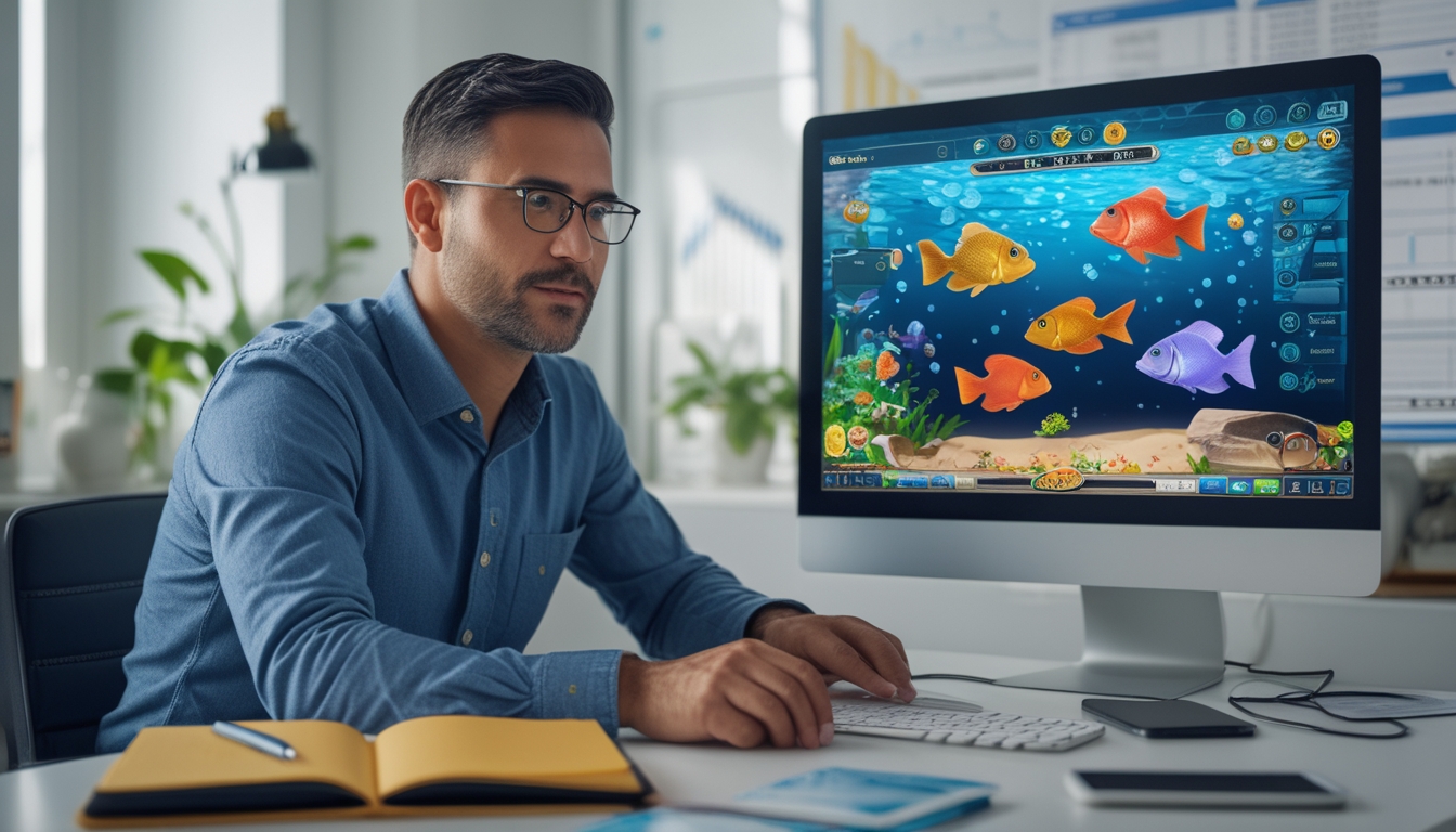 Seorang pria dewasa sedang duduk di meja kerja dengan komputer yang menampilkan permainan tembak ikan online, tampak fokus dan tenang mengatur strateginya.