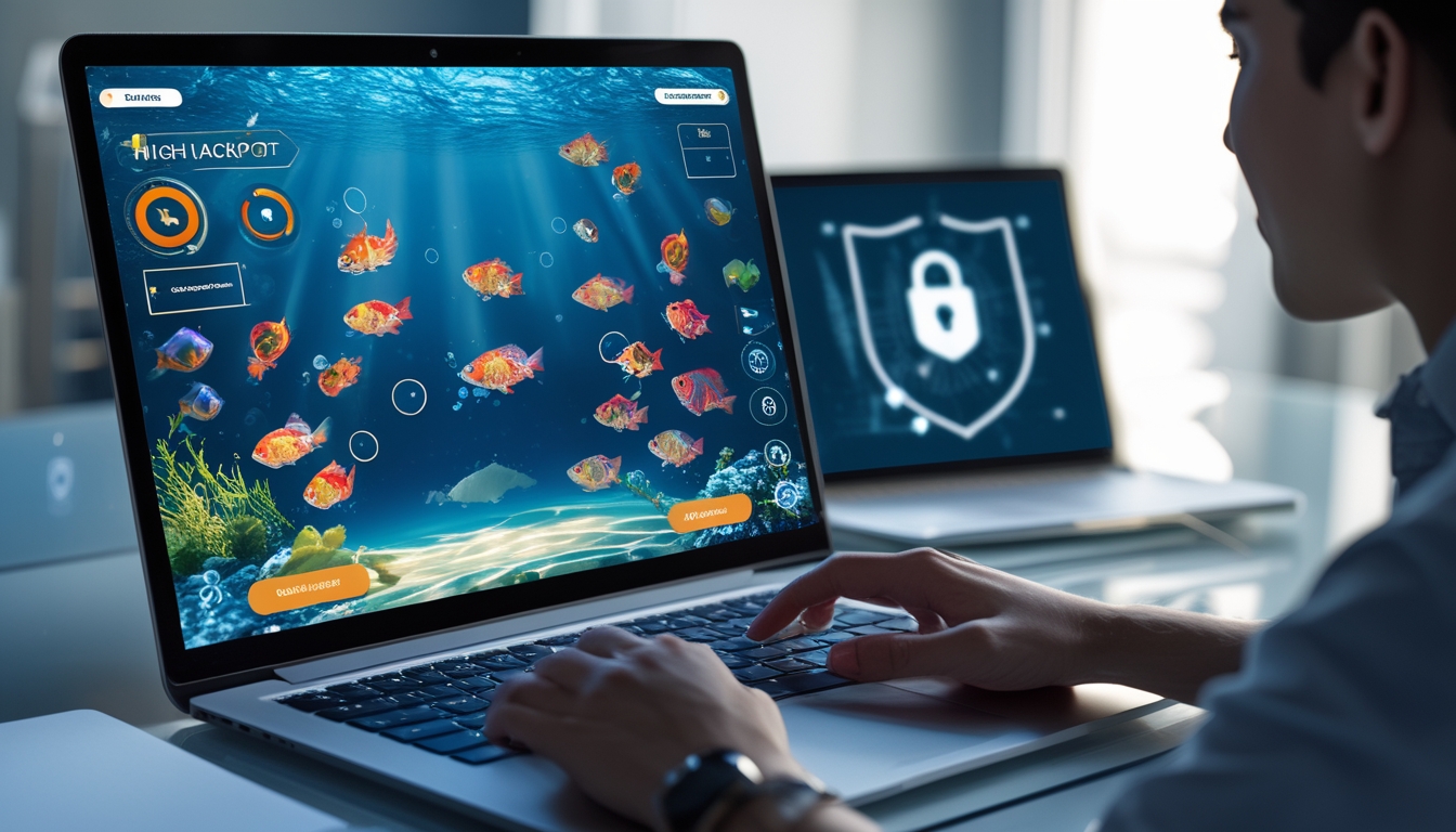 Seorang pemain menggunakan laptop dengan tampilan permainan tembak ikan online berwarna-warni di layar, duduk di meja kerja yang rapi dan terang.