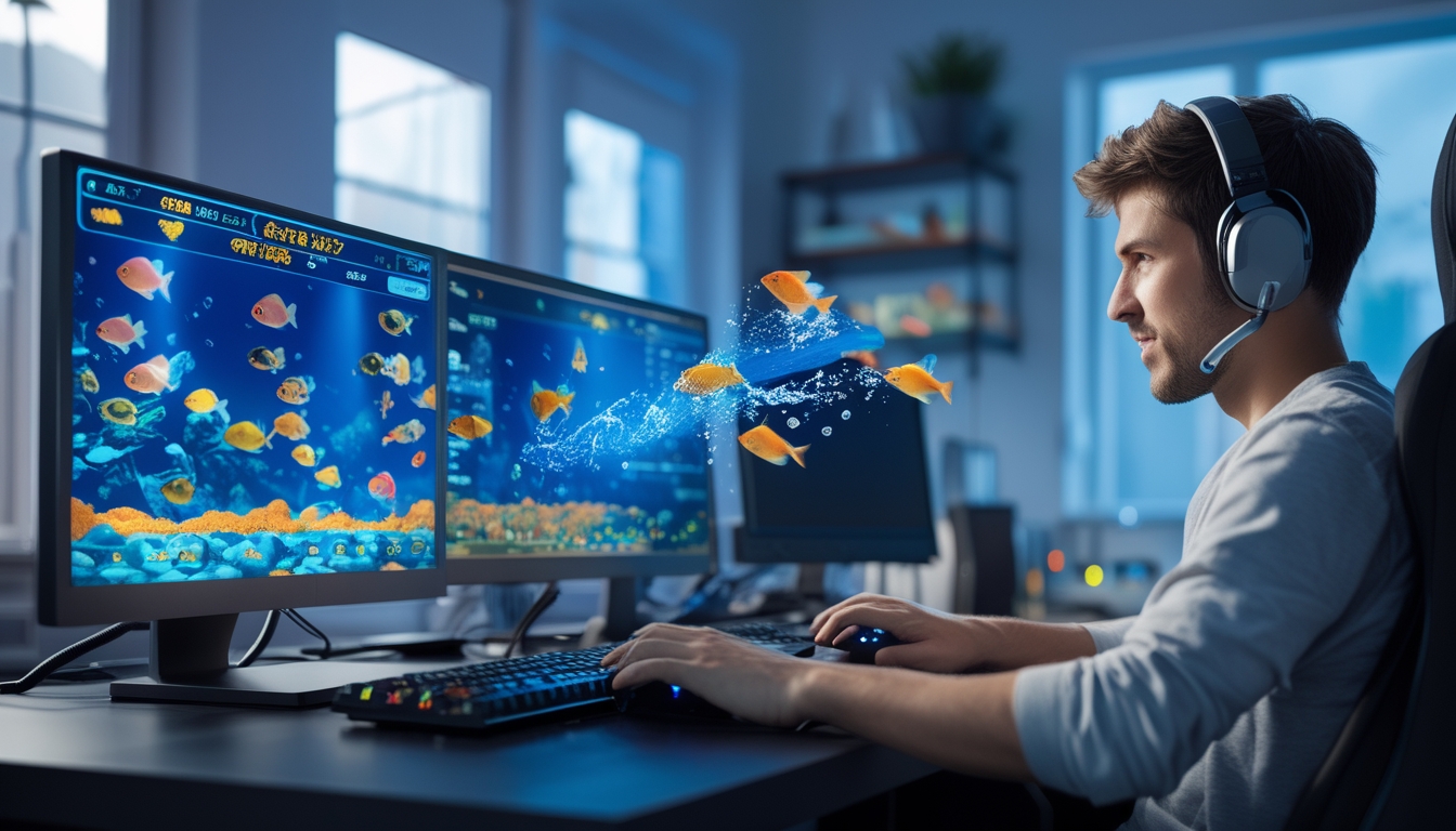 Seorang pemain fokus menggunakan komputer dengan layar menampilkan permainan tembak ikan online berwarna-warni di ruangan dengan pencahayaan biru lembut.