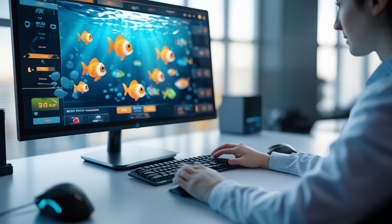 Meja komputer dengan monitor menampilkan permainan tembak ikan online, tangan seseorang sedang menggunakan mouse dan keyboard.