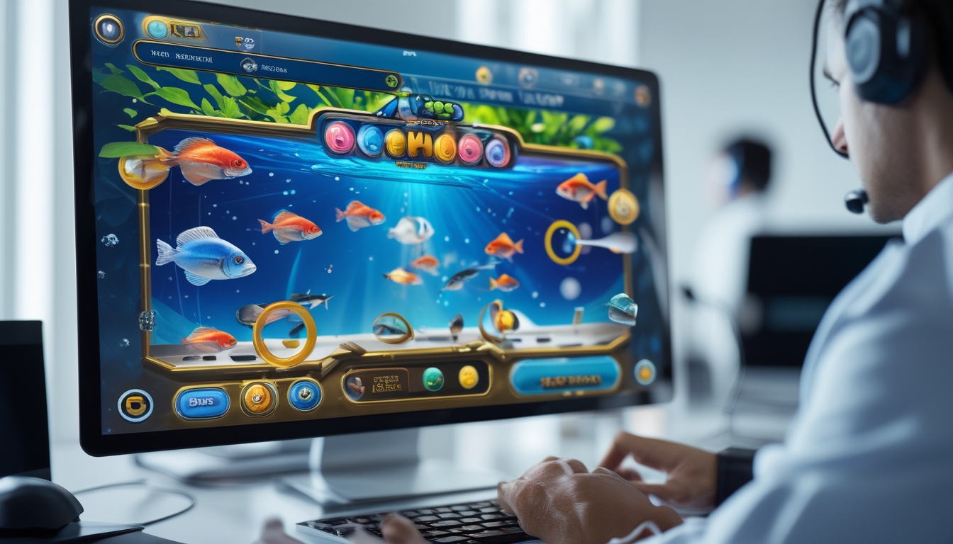 Seseorang menggunakan mesin judi tembak ikan online di layar komputer dengan grafis ikan berwarna-warni di latar belakang ruangan yang terang.