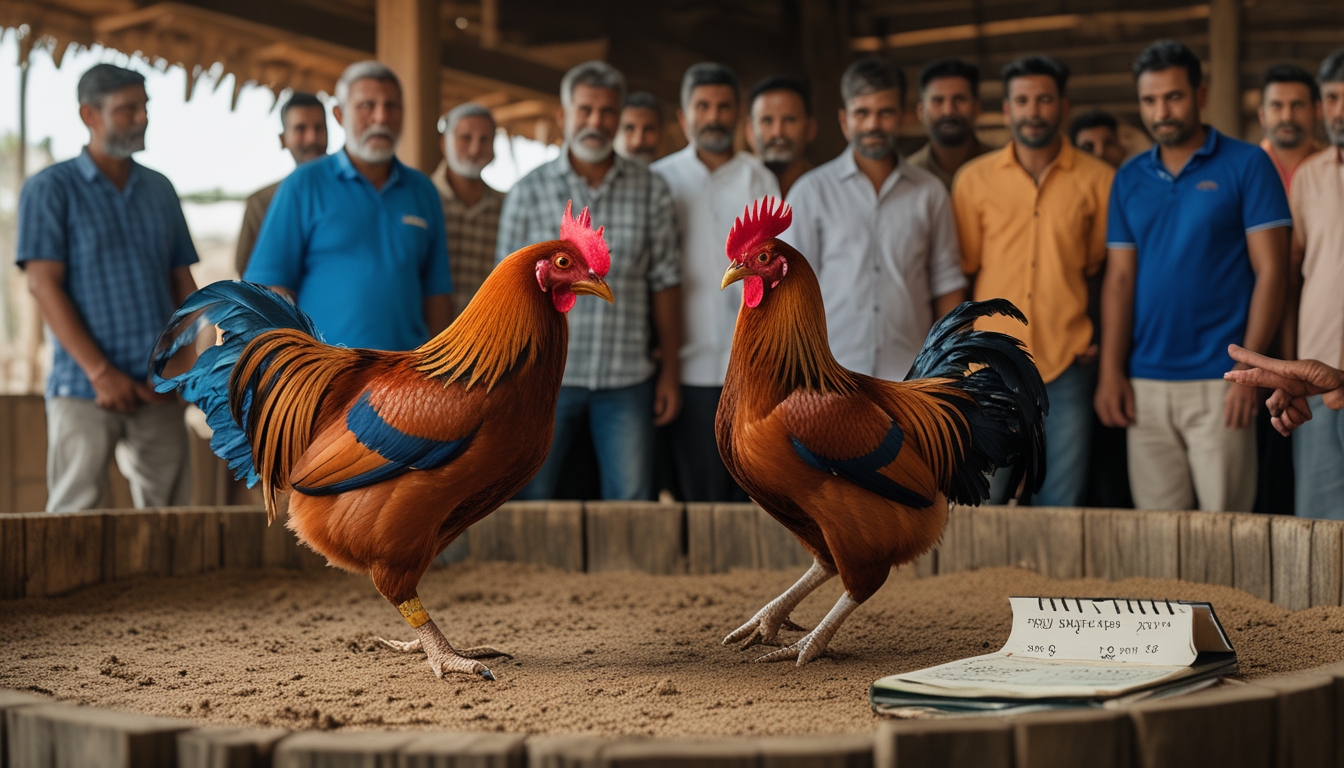 Dua ayam aduan bertarung di arena kayu dengan penonton yang memperhatikan di sekelilingnya, beberapa menggunakan ponsel dan mencatat di buku catatan.