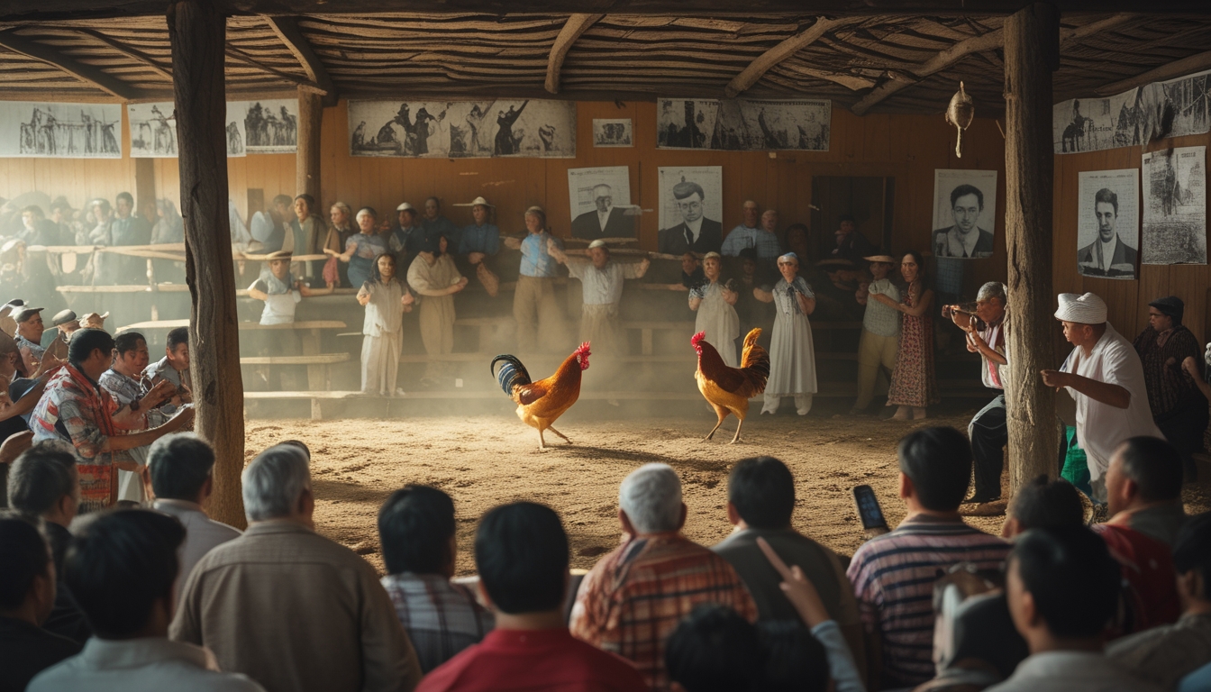 Dua ayam jago bertarung di arena kayu dengan penonton yang antusias mengenakan pakaian tradisional dan modern di sekitarnya.