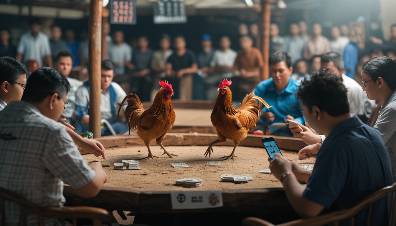 Dua ayam jago sedang bertarung di arena kayu dengan orang-orang di sekitarnya yang sedang memasang taruhan menggunakan kertas dan perangkat digital.