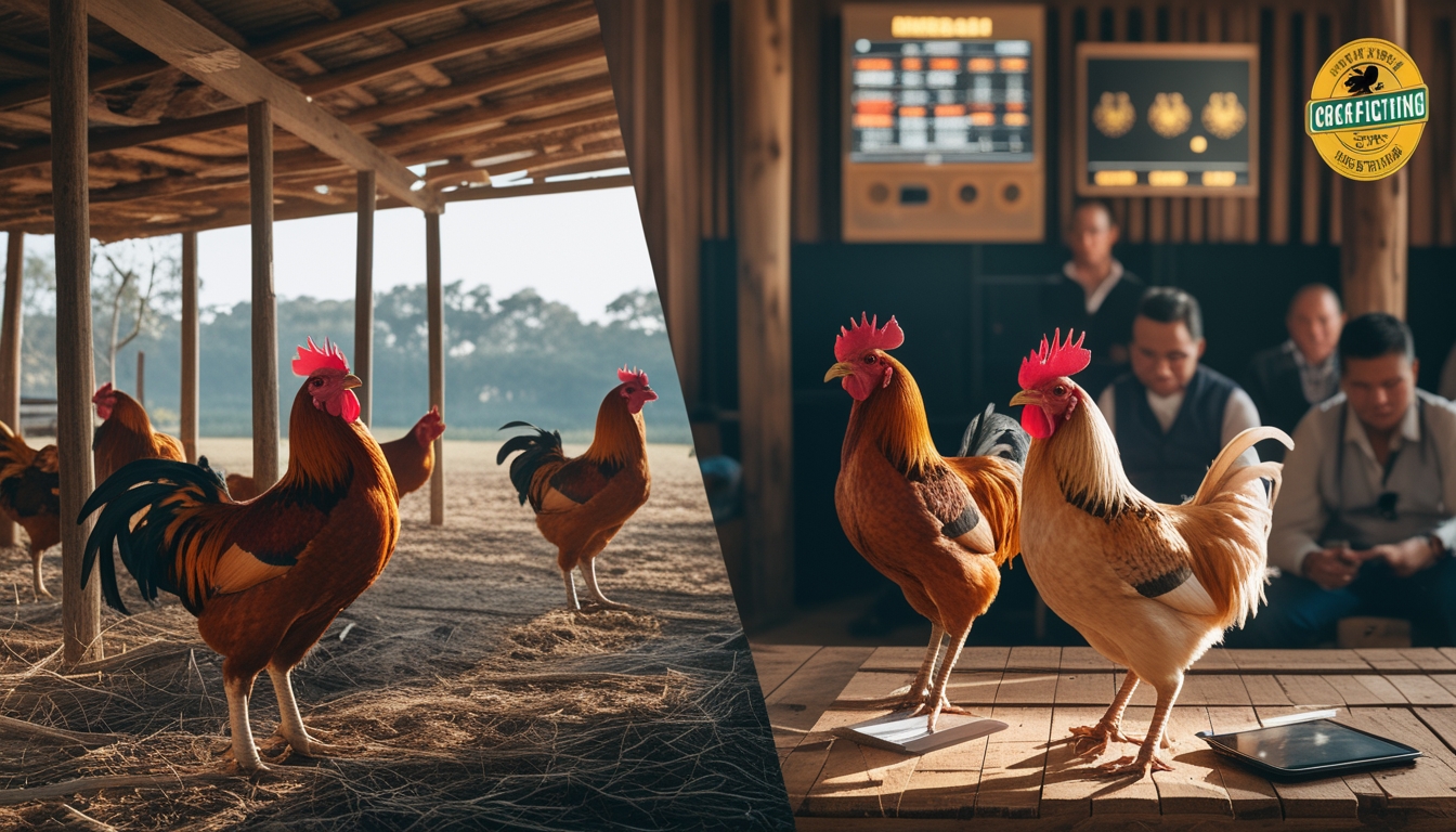 Suasana gabungan antara arena sabung ayam tradisional dengan kandang kayu dan lingkungan modern dengan layar digital serta orang-orang yang sedang fokus mengamati dan berdiskusi strategi taruhan sabung ayam.