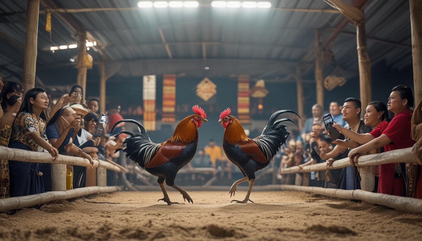 Dua ayam jago sedang bertarung di arena dengan penonton yang antusias di sekelilingnya, menampilkan perpaduan suasana tradisional dan modern.