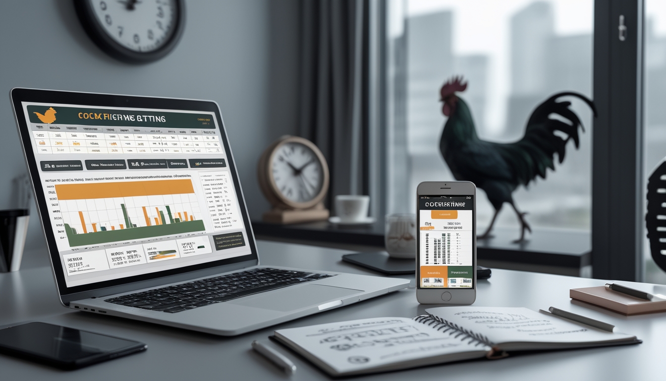 Meja kerja dengan laptop, buku catatan, dan ponsel yang menampilkan data dan strategi taruhan sabung ayam modern.