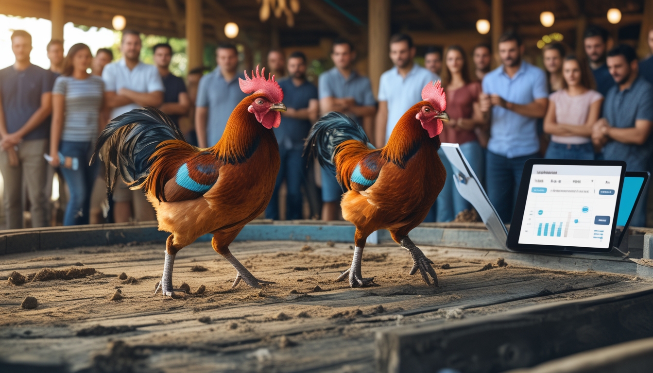 Pertarungan dua ayam jago di arena sabung ayam dengan penonton yang memperhatikan dan beberapa perangkat digital di latar belakang.