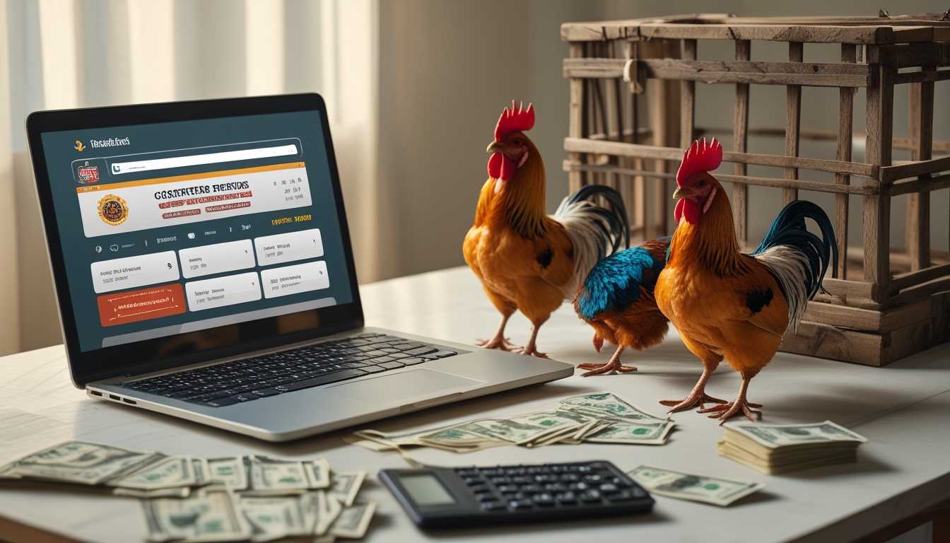 Meja kerja dengan laptop, ayam aduan dalam kandang kayu, slip taruhan, kalkulator, dan uang yang menggambarkan panduan taruhan sabung ayam tradisional dan modern dengan modal kecil.