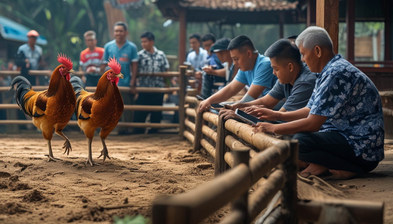 Dua ayam jantan sedang bertarung di arena sabung ayam tradisional dengan beberapa orang memasang taruhan menggunakan uang tunai dan ponsel.