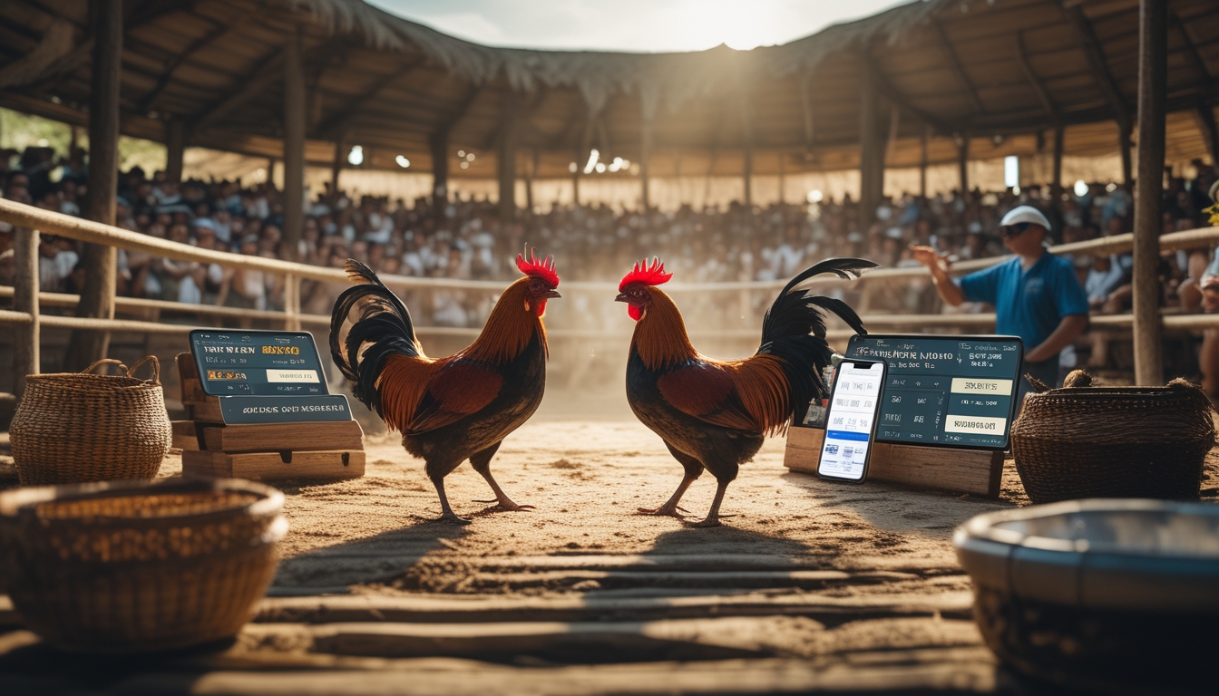 Dua ayam jago sedang bertarung di arena dengan penonton dan beberapa orang menggunakan ponsel untuk memasang taruhan.