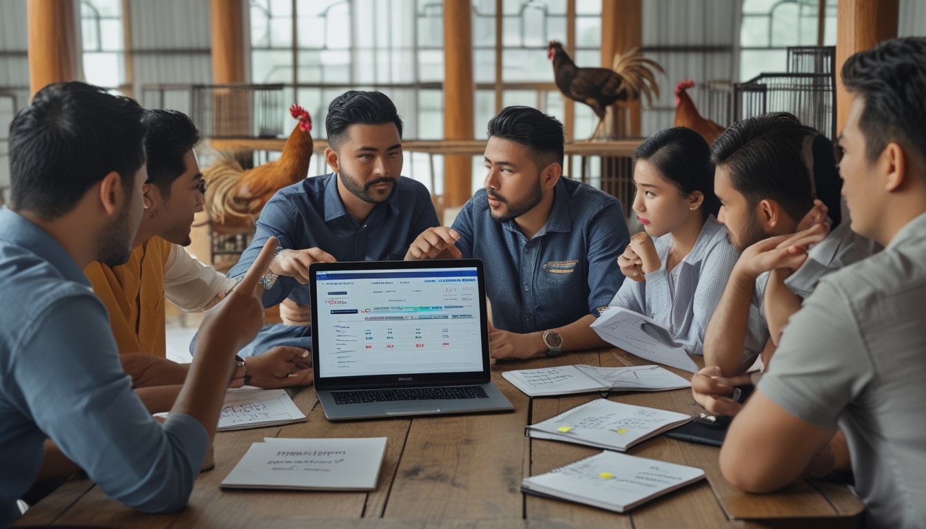 Sekelompok orang sedang berdiskusi dan mempersiapkan strategi taruhan sabung ayam dengan berbagai peralatan seperti laptop, buku catatan, dan burung sabung ayam di latar belakang.